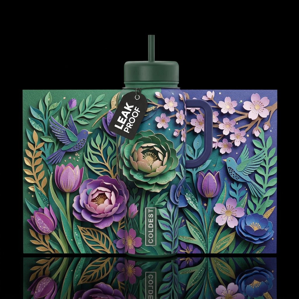 Magical realism springtime with glitter highlights... water bottle design