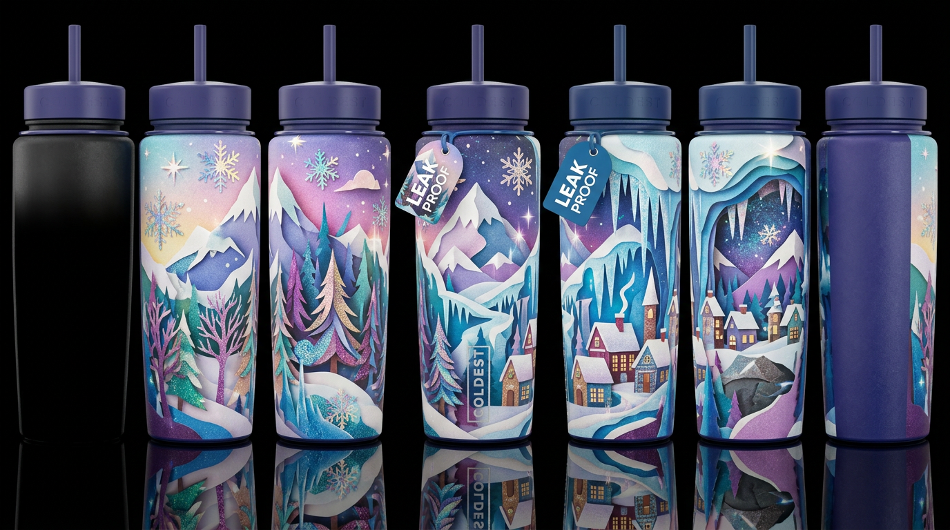 Magical realism winter scene with glitter highligh... water bottle design