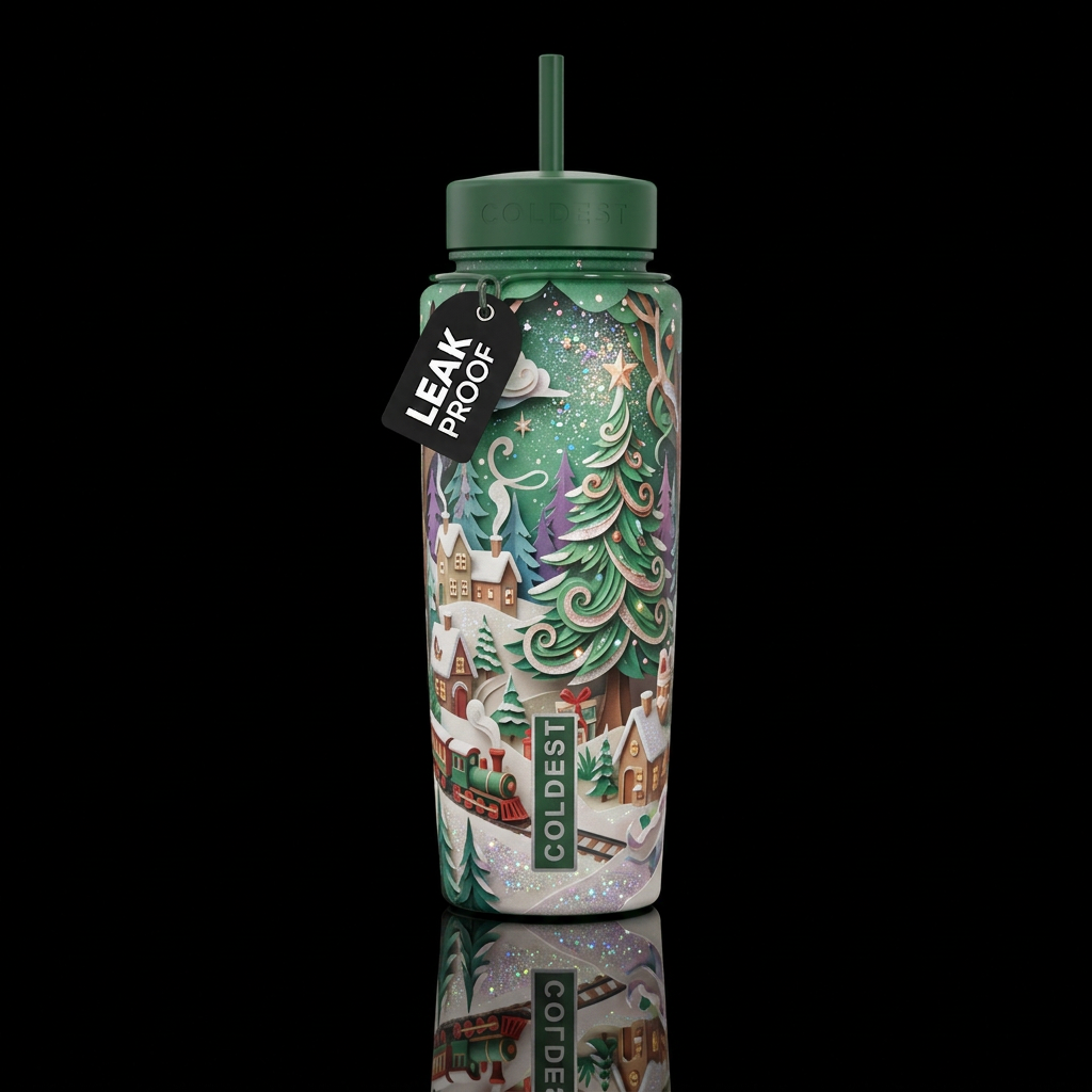 Magical realism Christmas scene with glitter highl... water bottle design