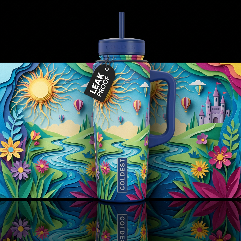 Magical realism summer scene paper craft water bottle design