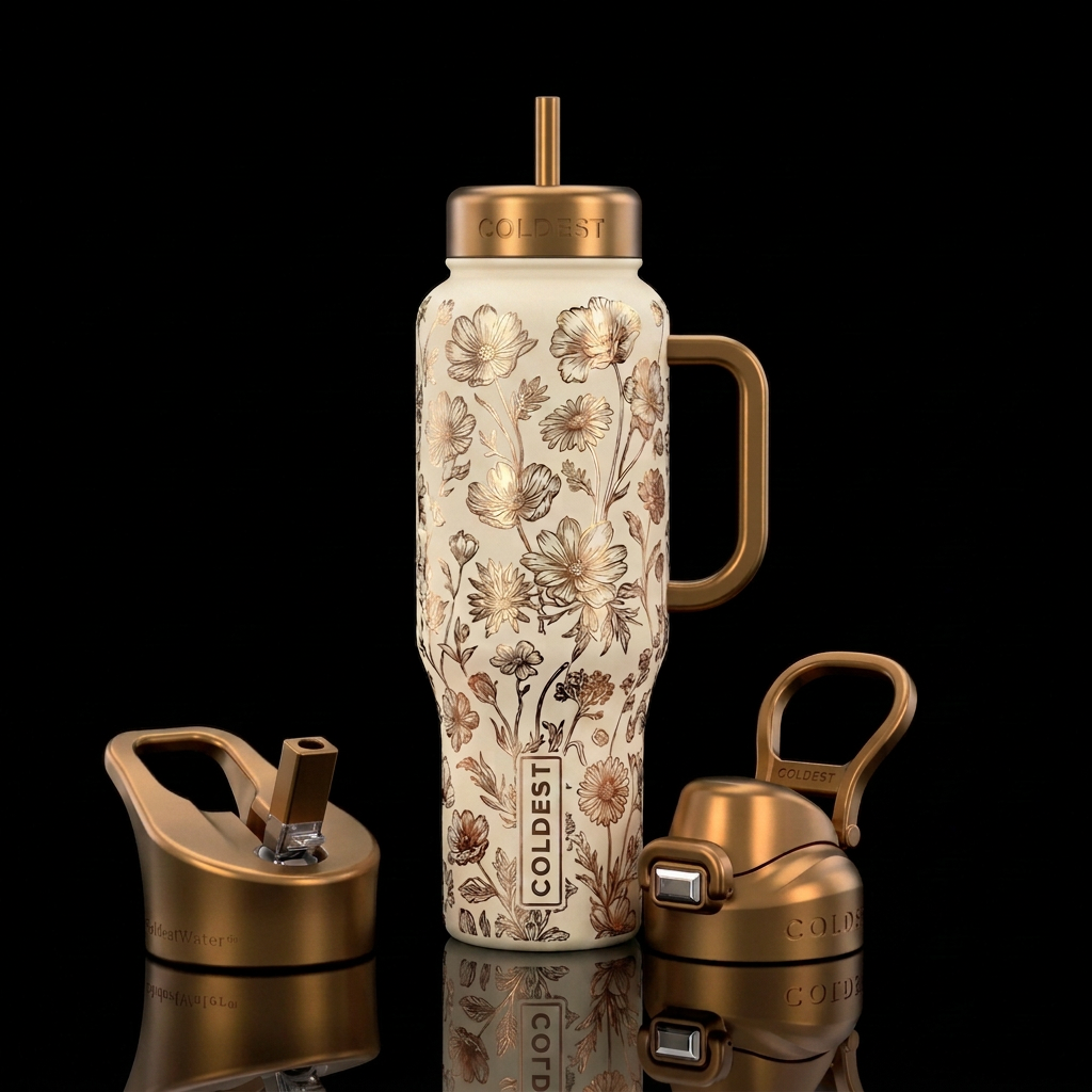 Matte cream colored background with metalic neutra... water bottle design