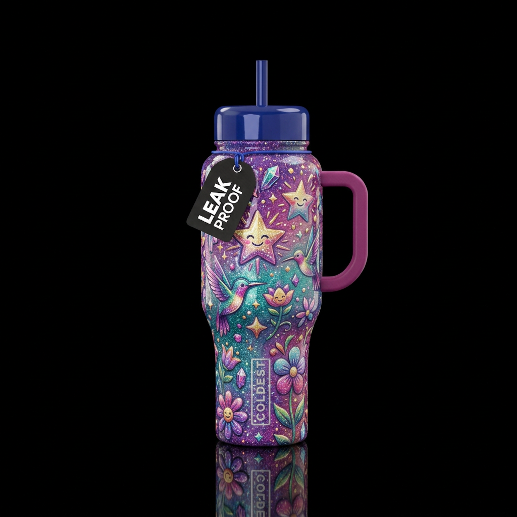 Magical realism joy with glitter highlights glossy water bottle design