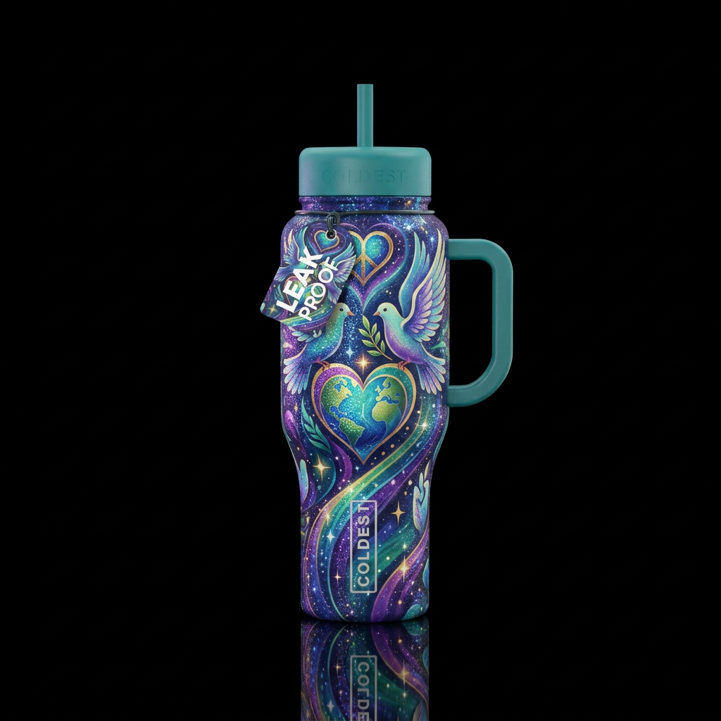 Magical realism peace with glitter highlights glos... water bottle design