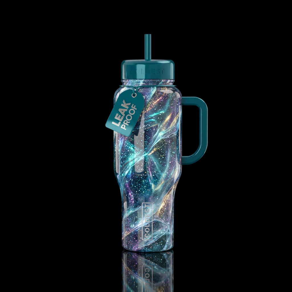 Magical realism ice with glitter highlights glossy water bottle design
