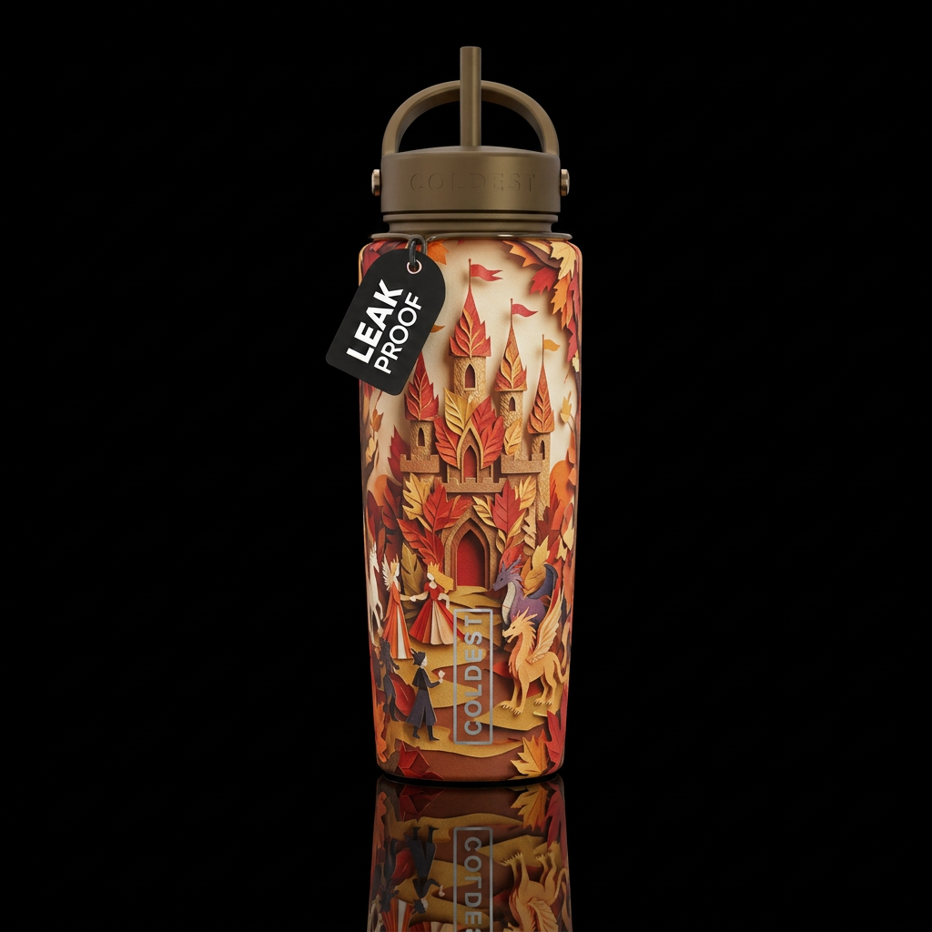 Magical realism paper craft autumn court water bottle design