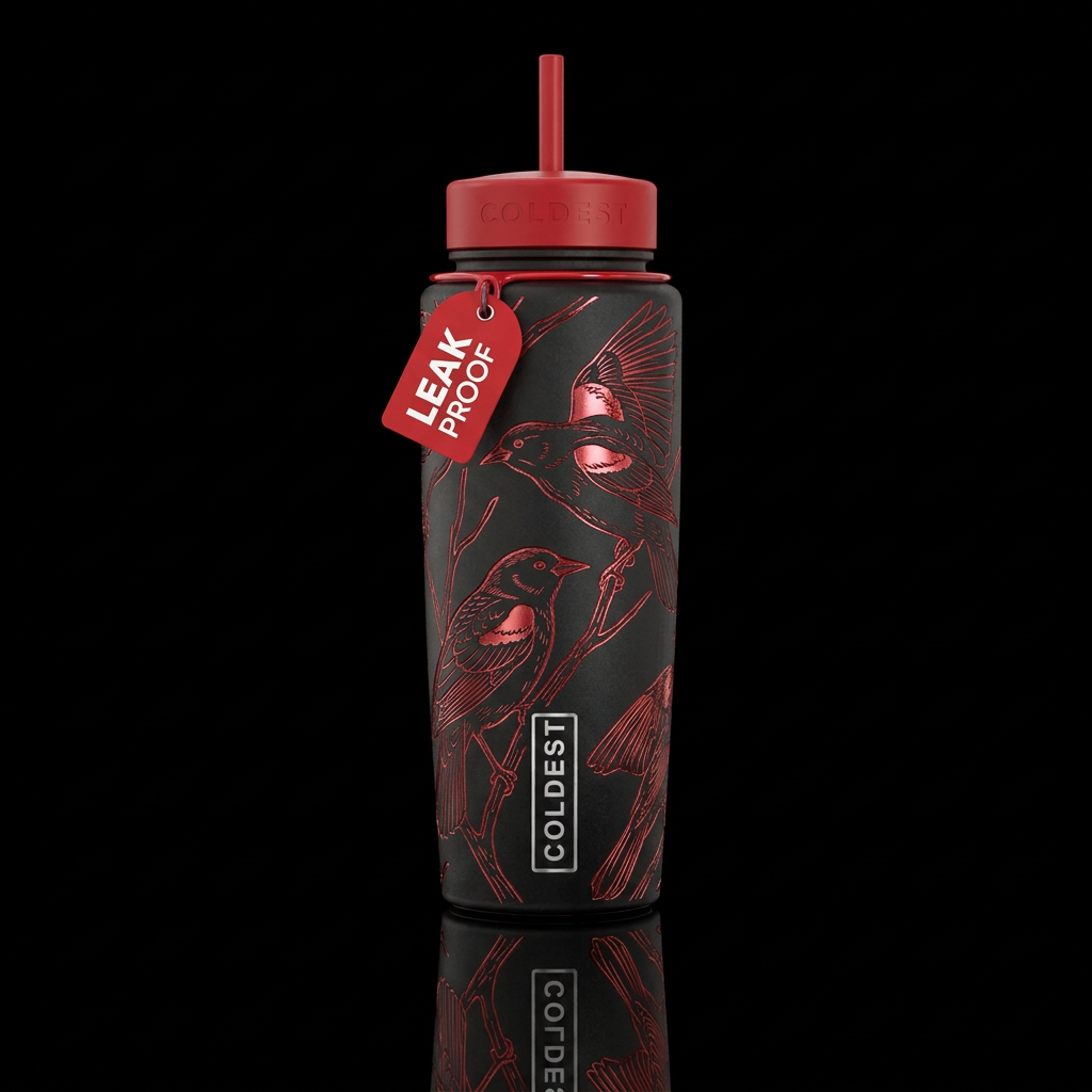metalic etched red wing blackbird textured water bottle design