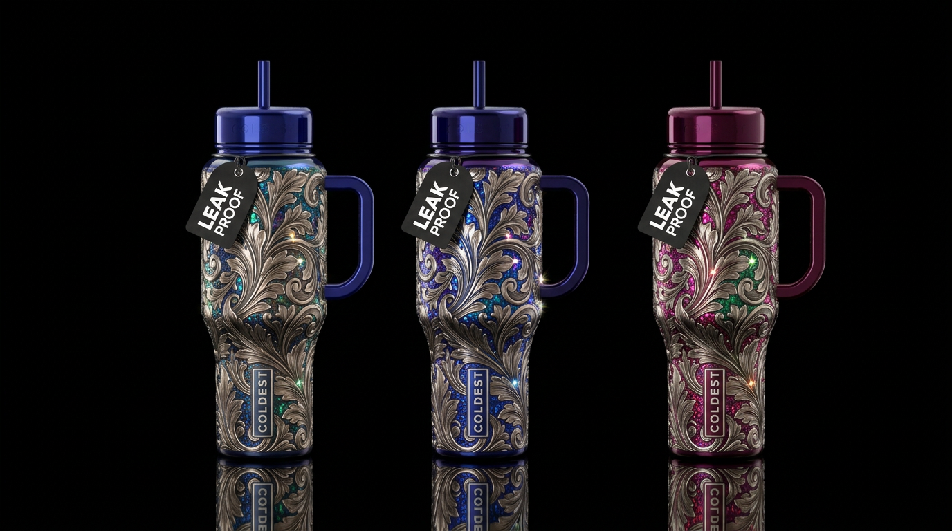 Metalic etched icanthus style neutral tones in bac... water bottle design