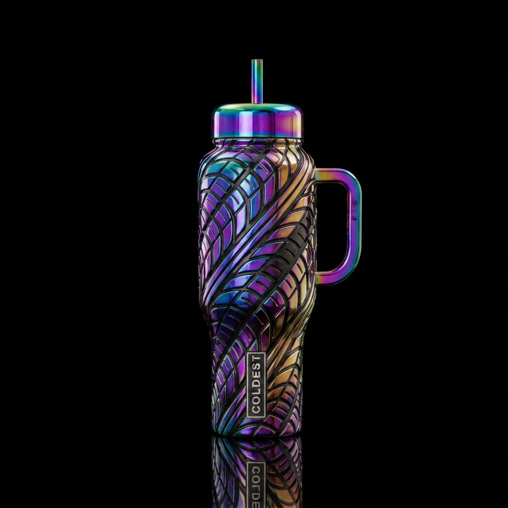 Black and chrome metallic tire treads glossy oil s... water bottle design