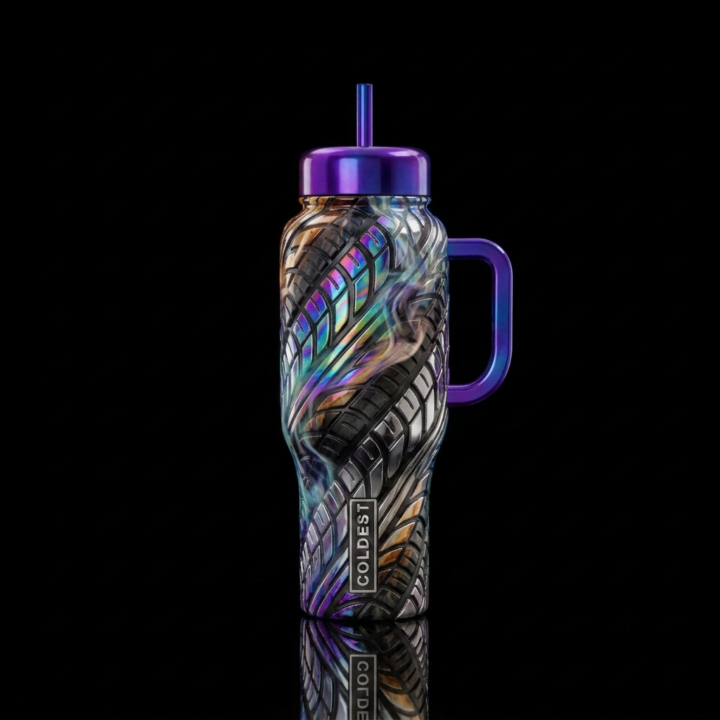 Black and chrome metallic tire treads glossy oil s... water bottle design