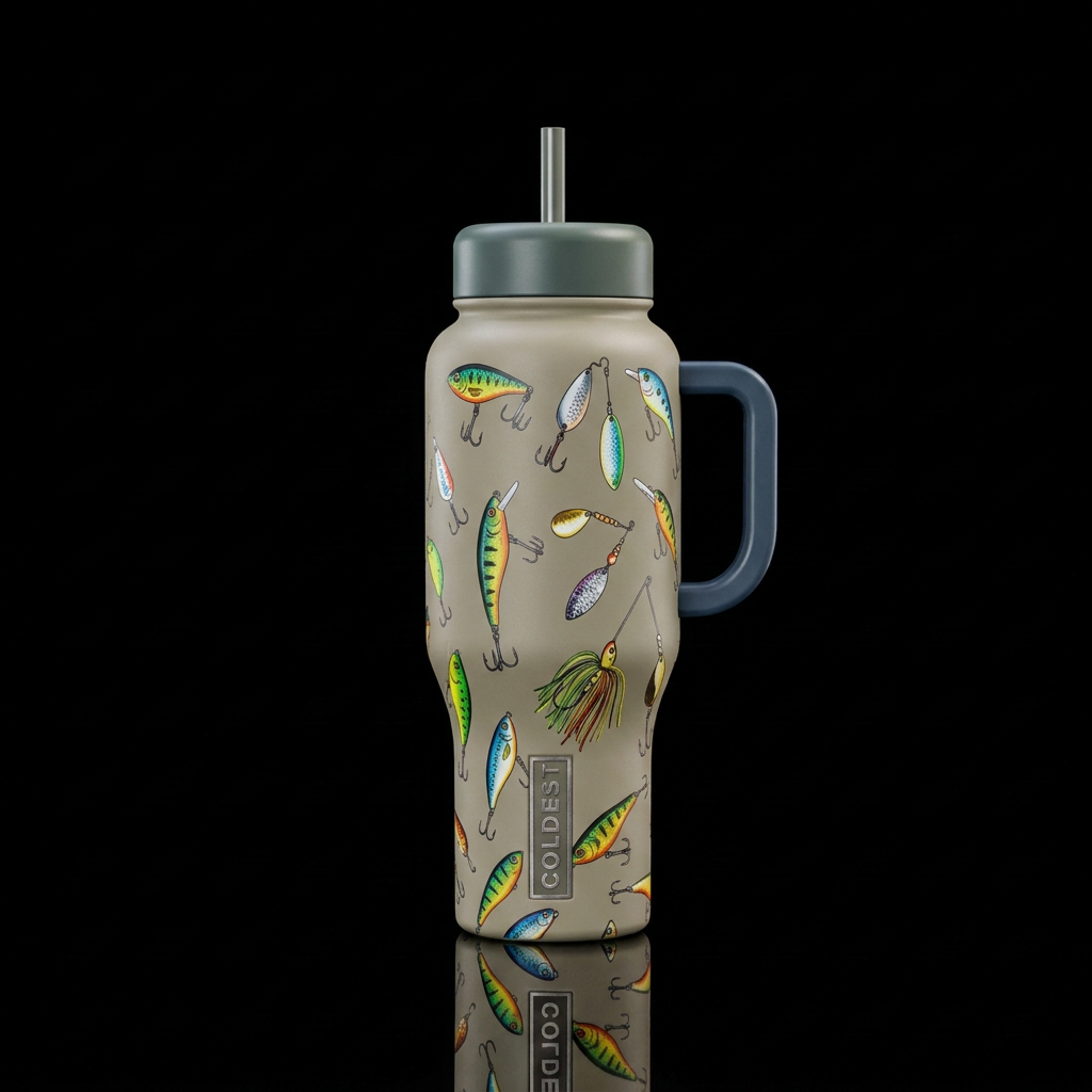 Matte neutral tones with different types of fishin... water bottle design