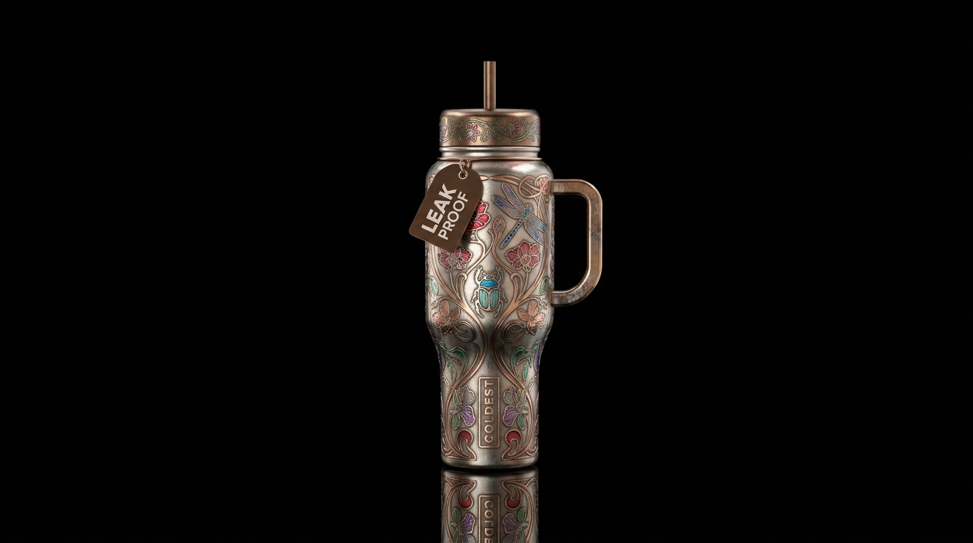 Art nouveau metalic etched flowers vines insects water bottle design