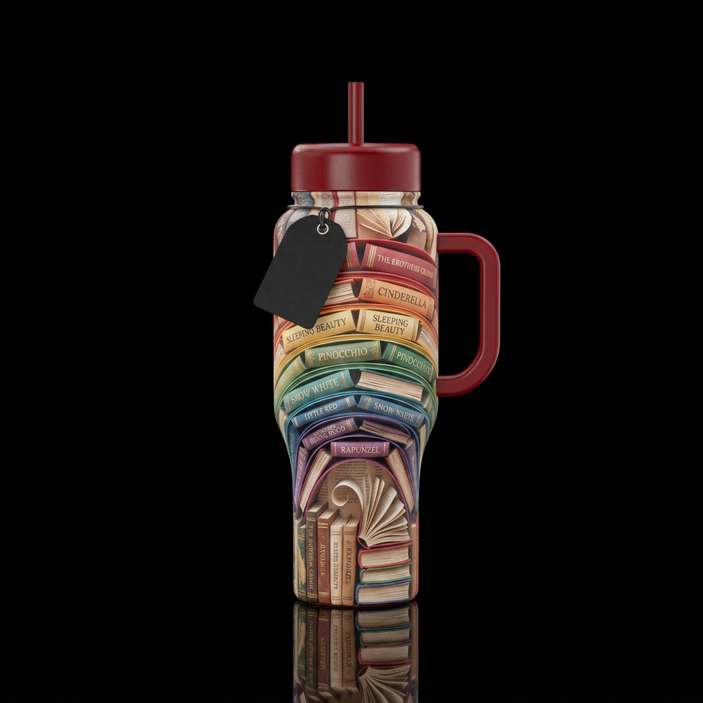 Paper craft rainbow made out of fairytale books water bottle design