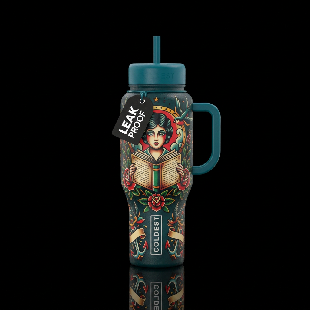 Old school tattoo the reader water bottle design