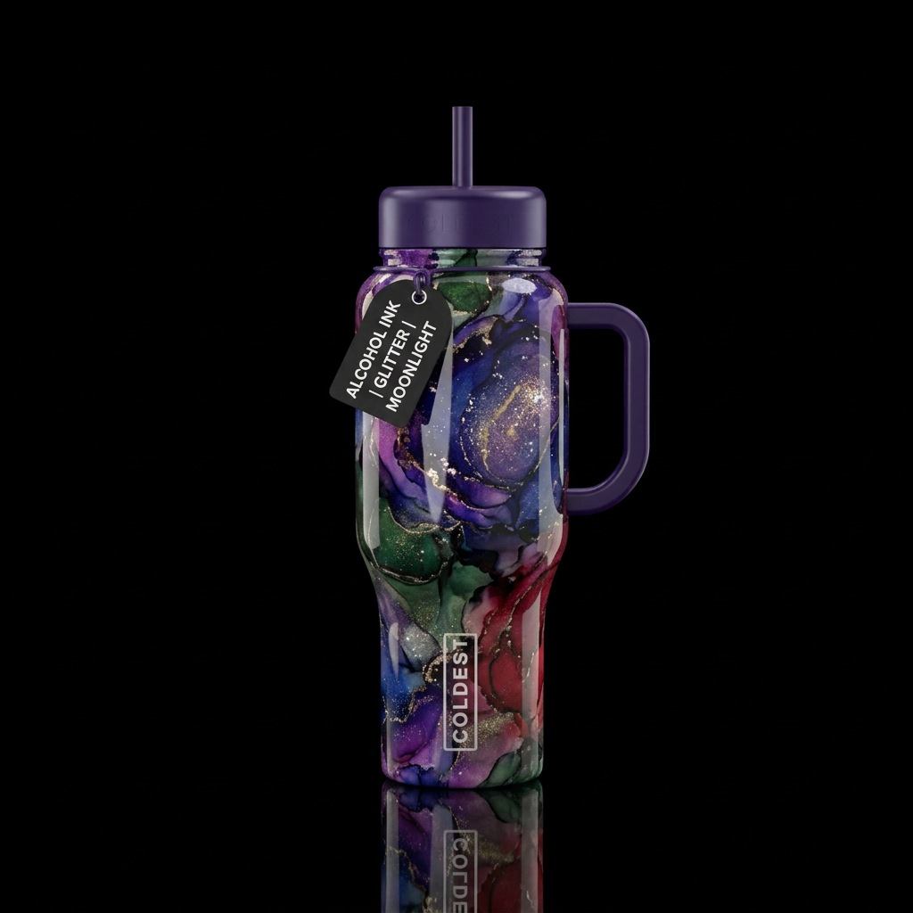 Alcohol ink moonlight glitter highlights glossy water bottle design