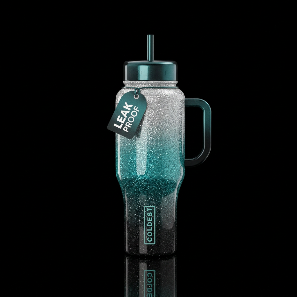 Glitter ombre silver teal black glossy water bottle design