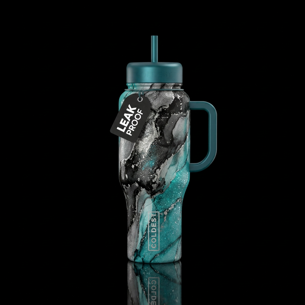Black silver teal sparkle alcohol ink water bottle design