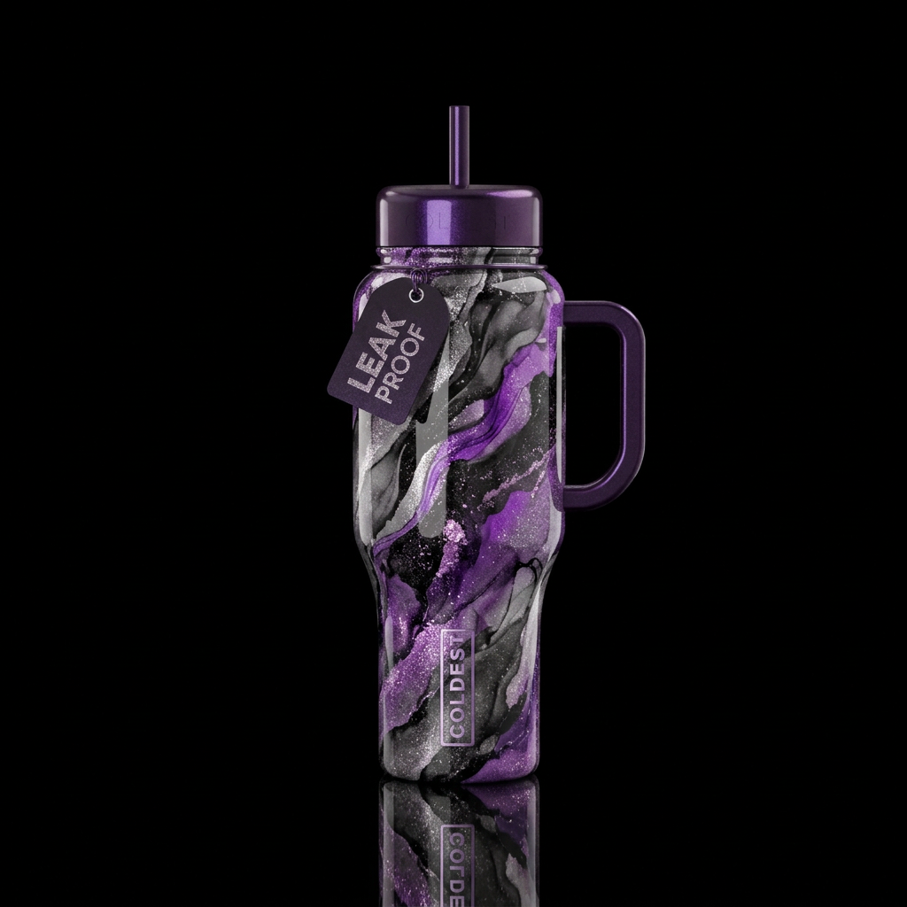 Black silver purple sparkle alcohol ink water bottle design