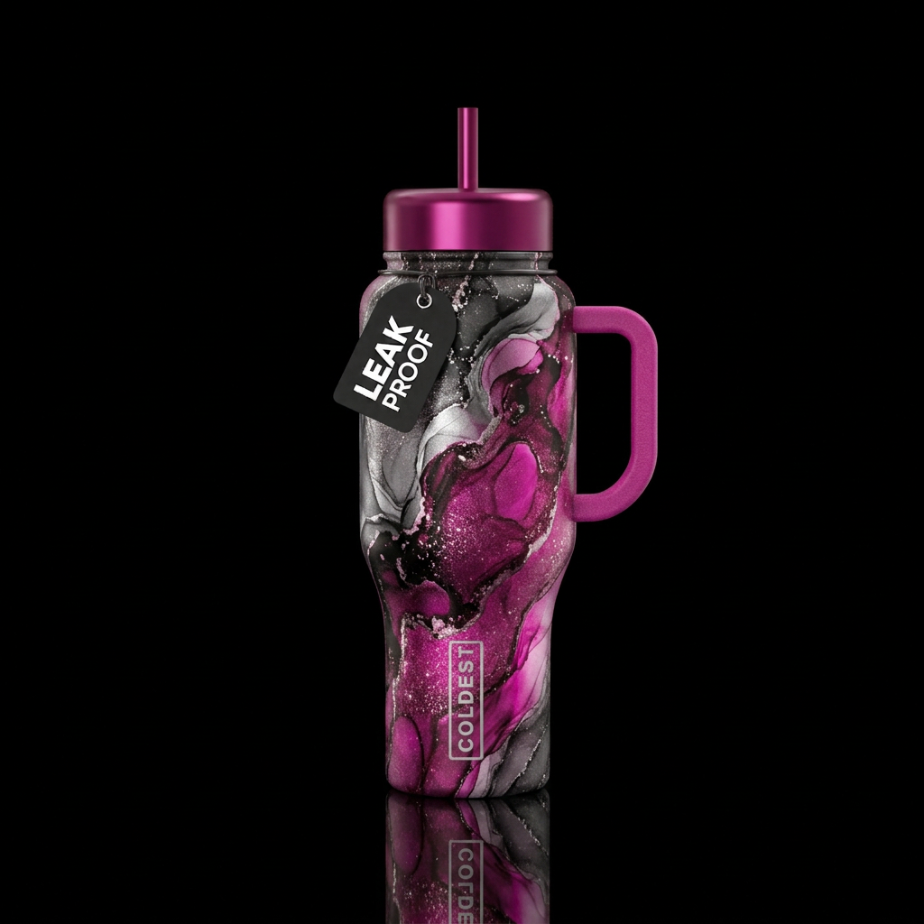 Black silver fuchsia sparkle alcohol ink magical r... water bottle design