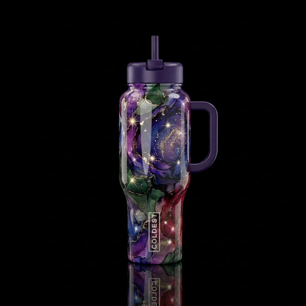 Alcohol ink star shine glitter highlights glossy water bottle design