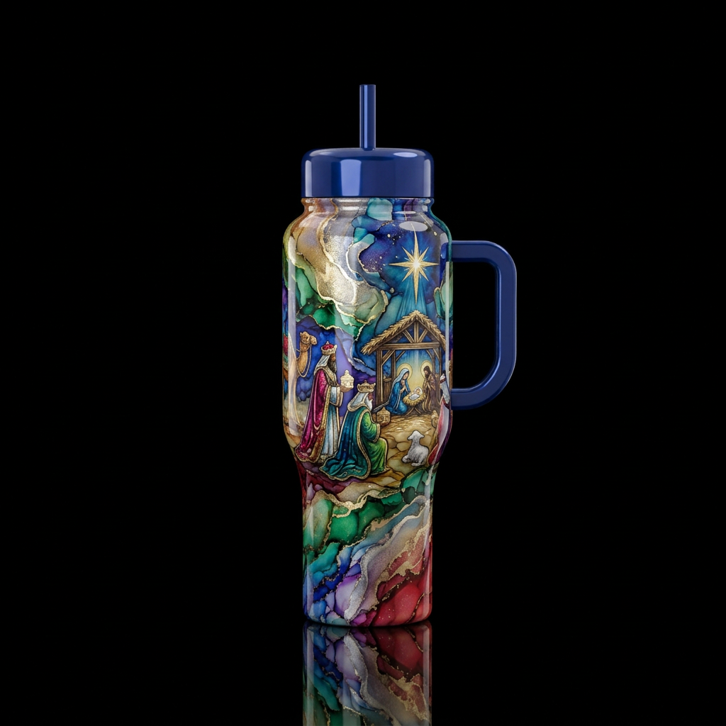 3 Wiseman christmas scene alcohol ink glossy water bottle design