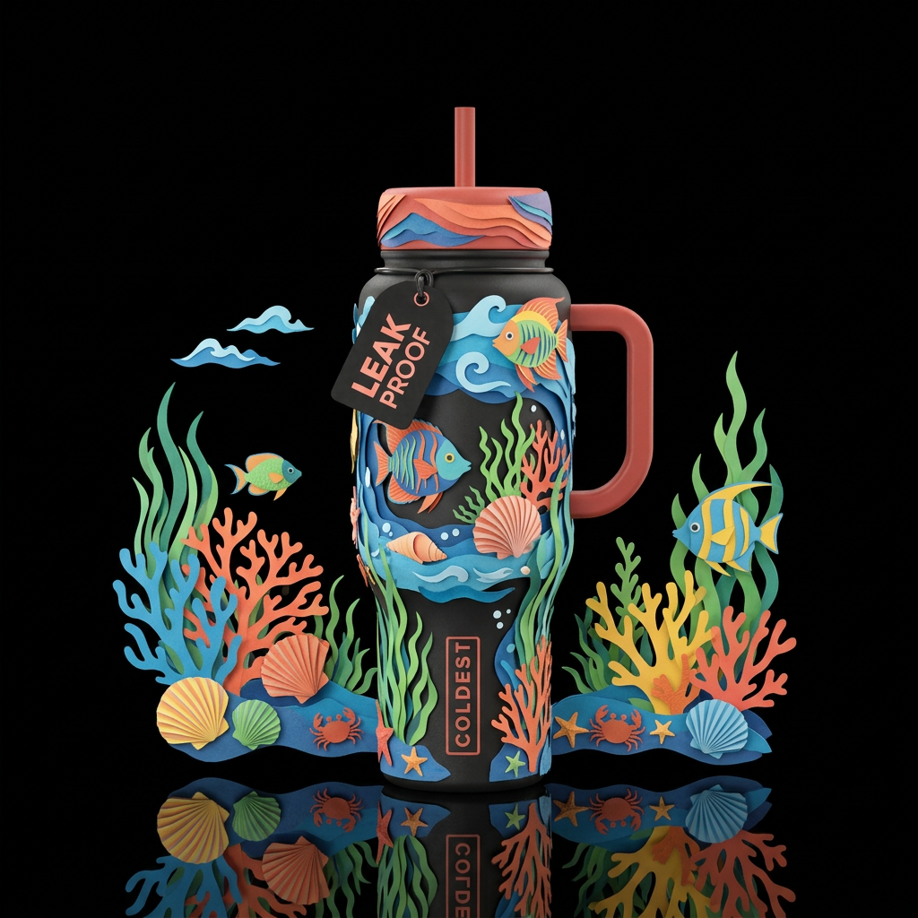 Paper craft seashore water bottle design
