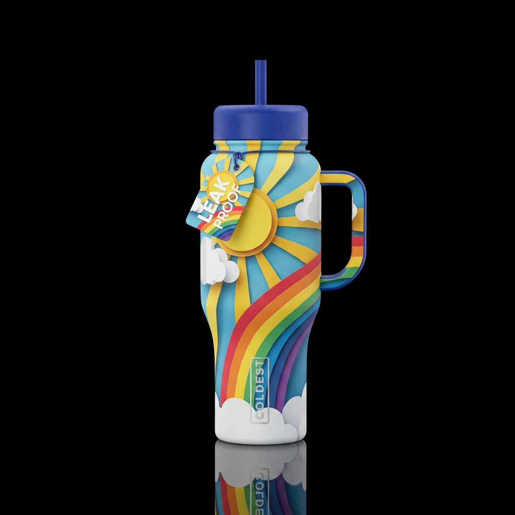 Paper craft sunshine with beams of light clouds an... water bottle design