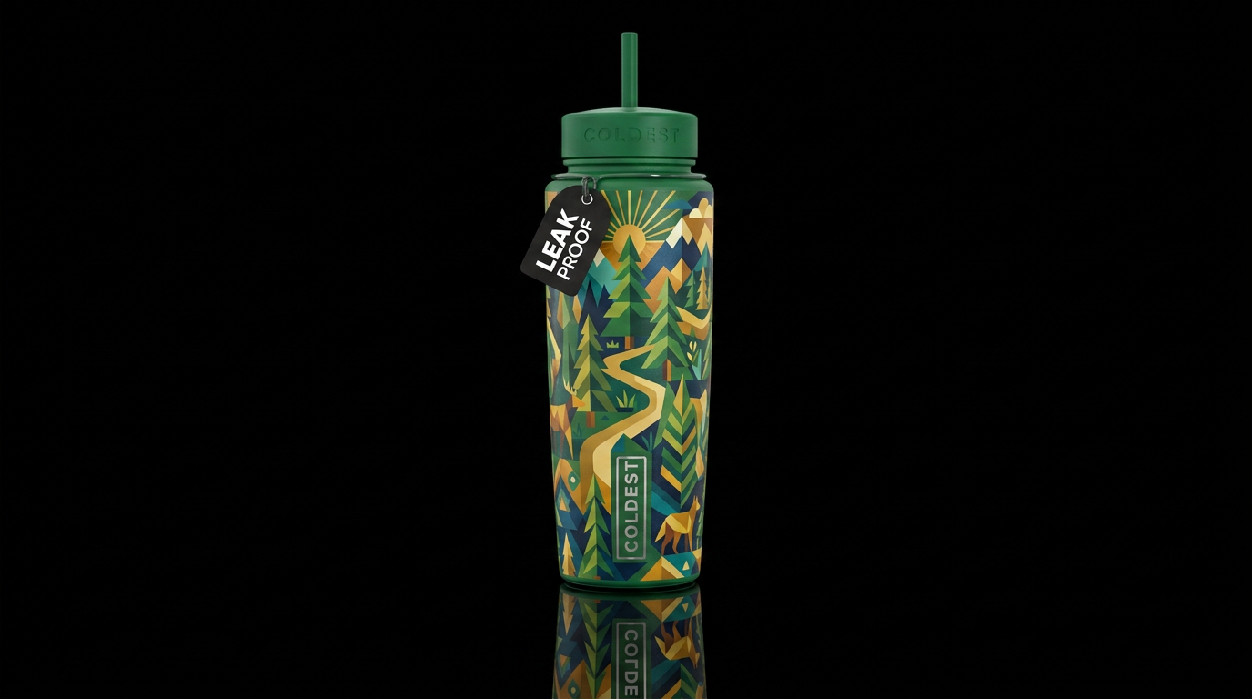 Geometric forest scene water bottle design