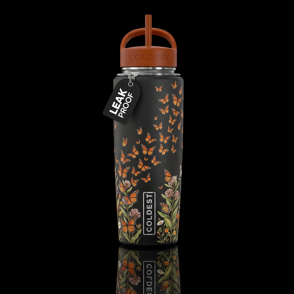Illustrated monarch migration water bottle design