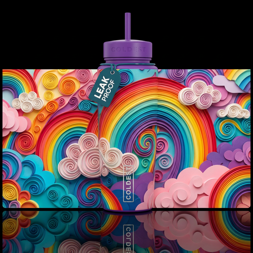 The picture is a vibrant, whimsical rainbow landsc... water bottle design