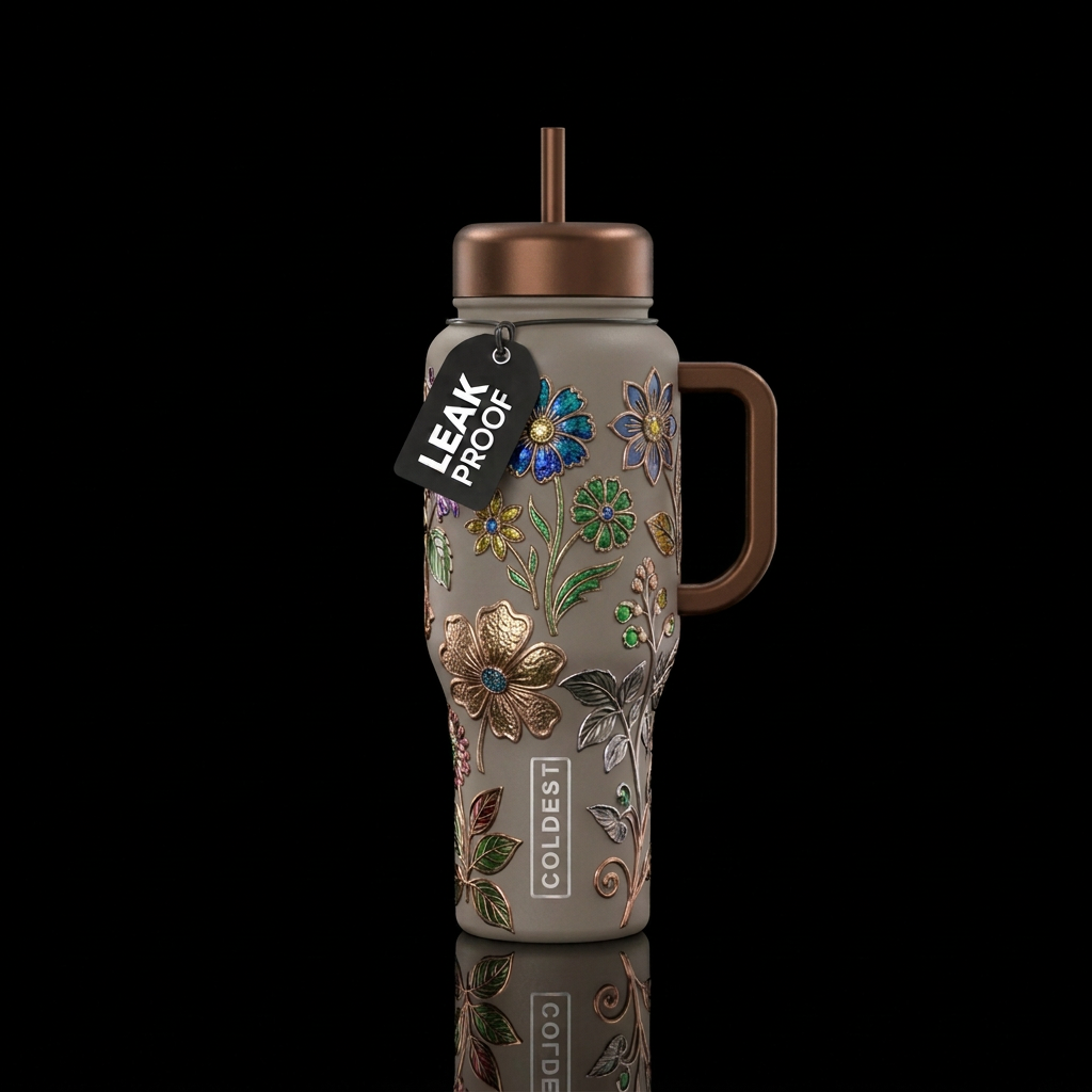 Matte neutral tone background with a variety of wi... water bottle design