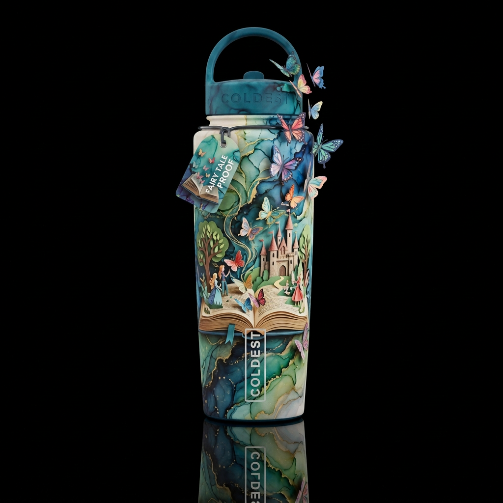 Paper craft fairytale story with butterflies flyin... water bottle design