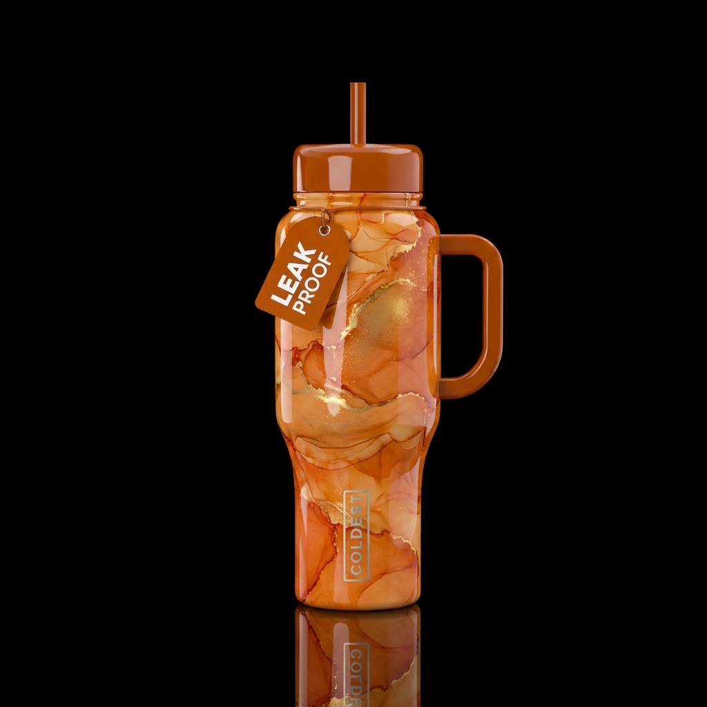 Orange glossy dreamy alcohol ink with gold highlig... water bottle design