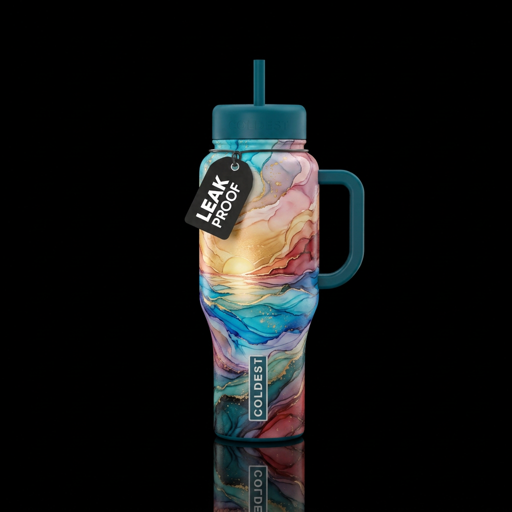 Sunrise on the ocean alcohol ink water bottle design
