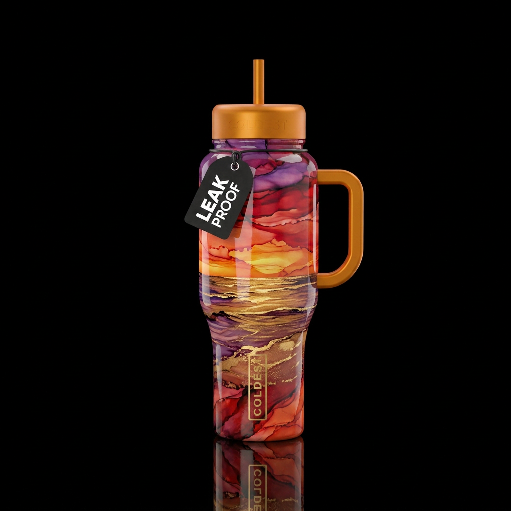 Sunset over the ocean bright colors gold highlight... water bottle design