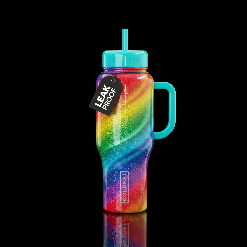 Rainbow ombre sparkly glossy spiral water bottle design