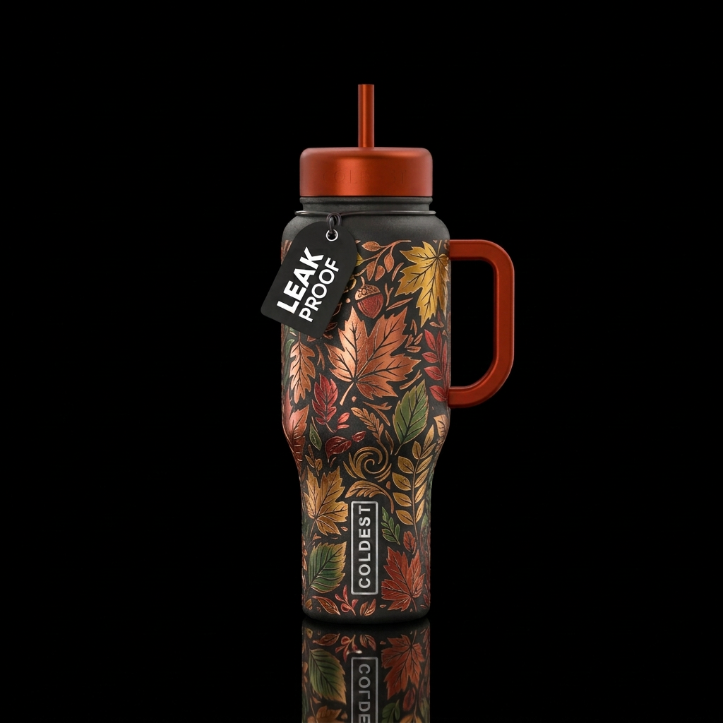 Metalic etched autumn colors light coating of shim... water bottle design