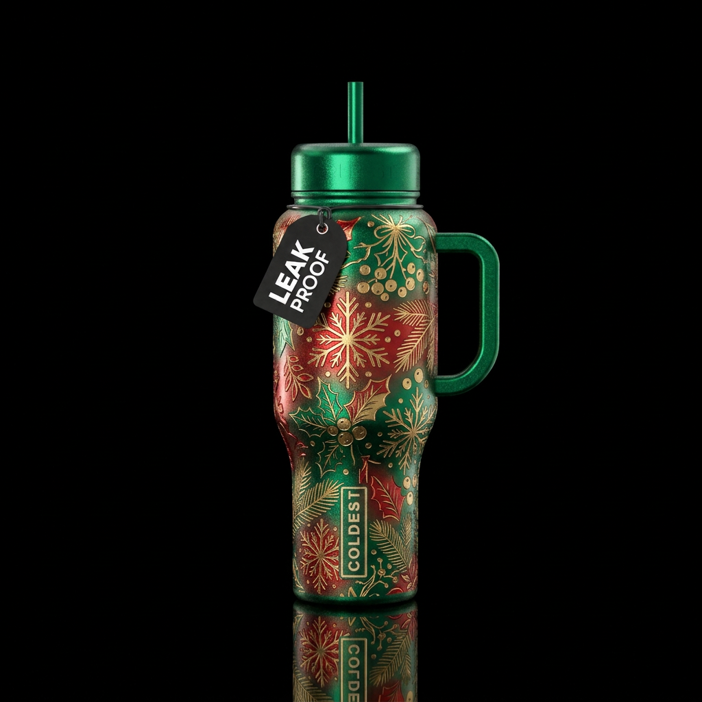 Metalic etched christmas colors light coating of s... water bottle design