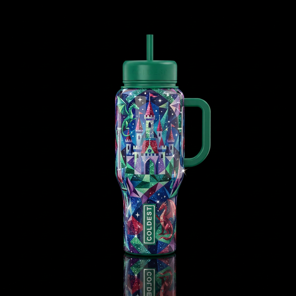 Geometric fairytale scene with glitter highlights ... water bottle design