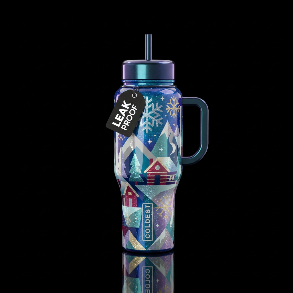 Geometric winter scene with glitter highlights bri... water bottle design