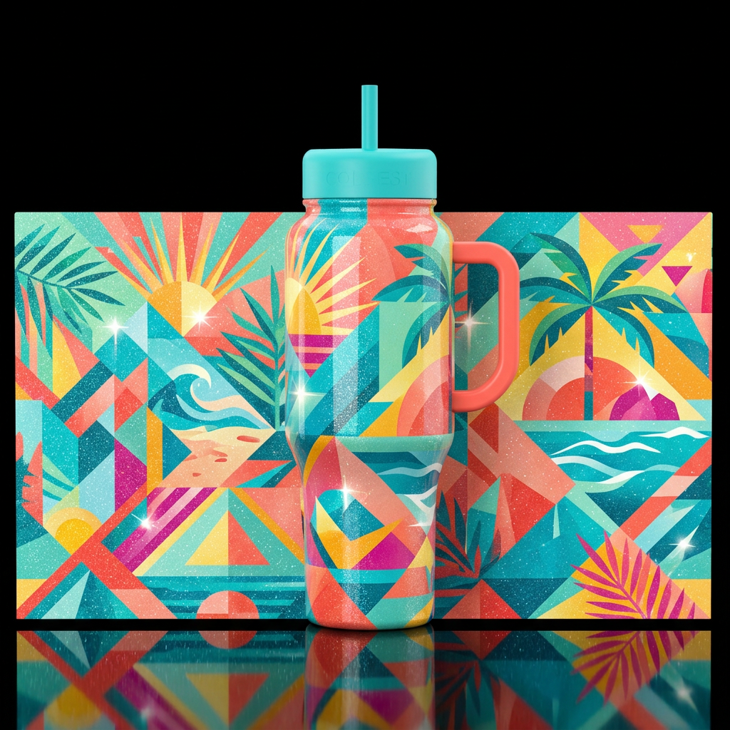 Geometric summer scene with glitter highlights bri... water bottle design