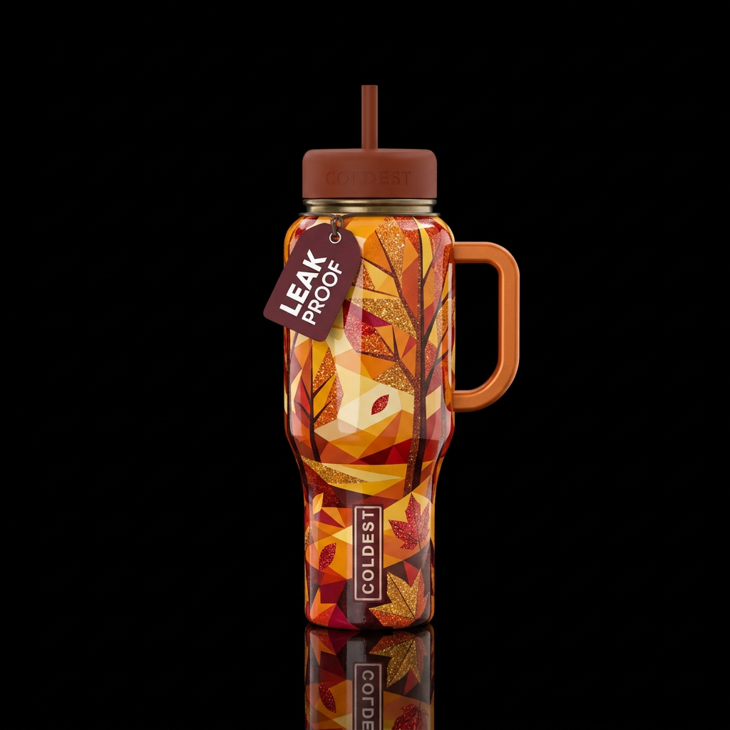 Geometric autumn scene with glitter highlights bri... water bottle design