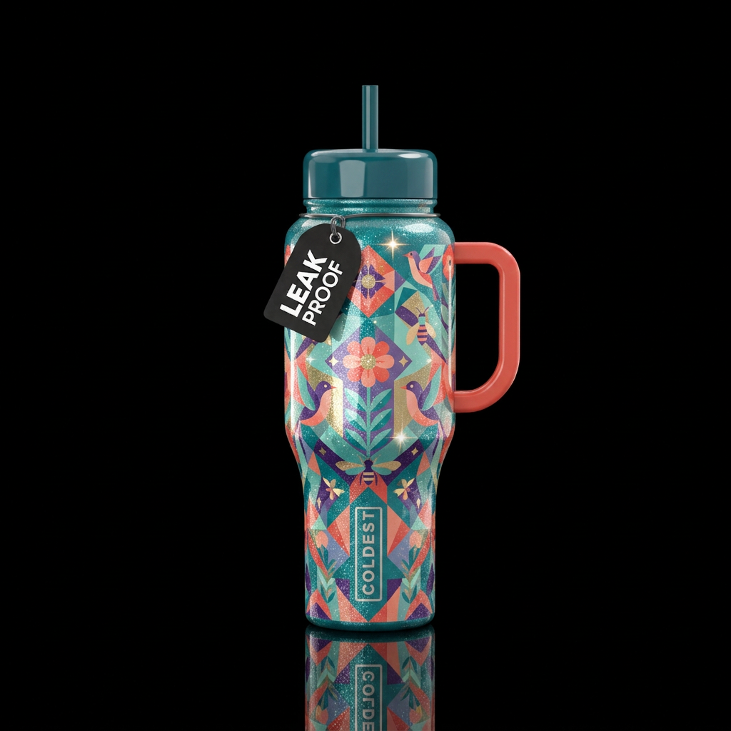 Geometric spring scene with glitter highlights bri... water bottle design