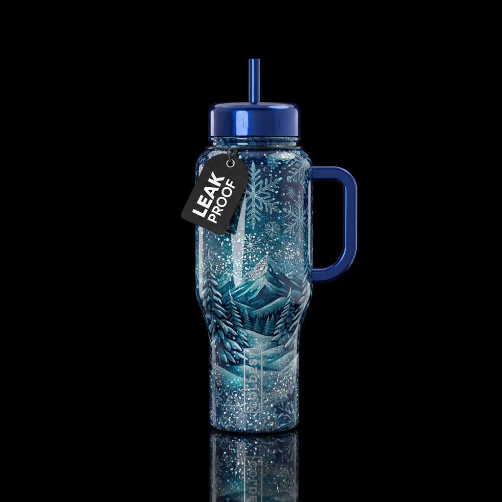 Monochromatic winter scene with glitter highlights... water bottle design