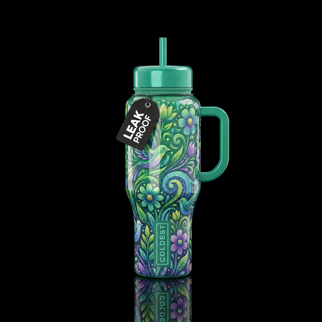 Monochromatic spring scene with glitter highlights... water bottle design