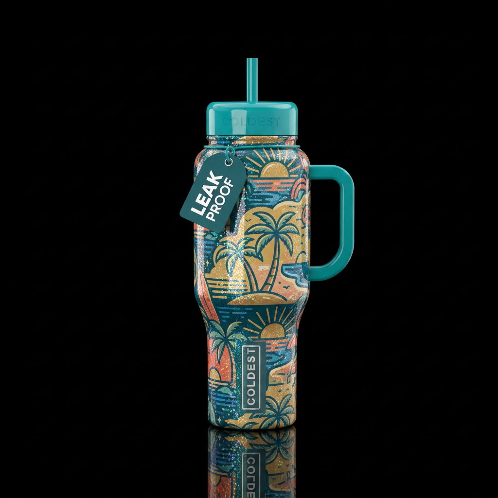 Monochromatic summer scene with glitter highlights... water bottle design
