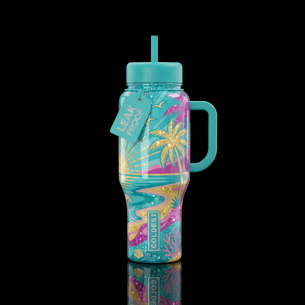 Monochromatic summer scene with glitter highlights... water bottle design
