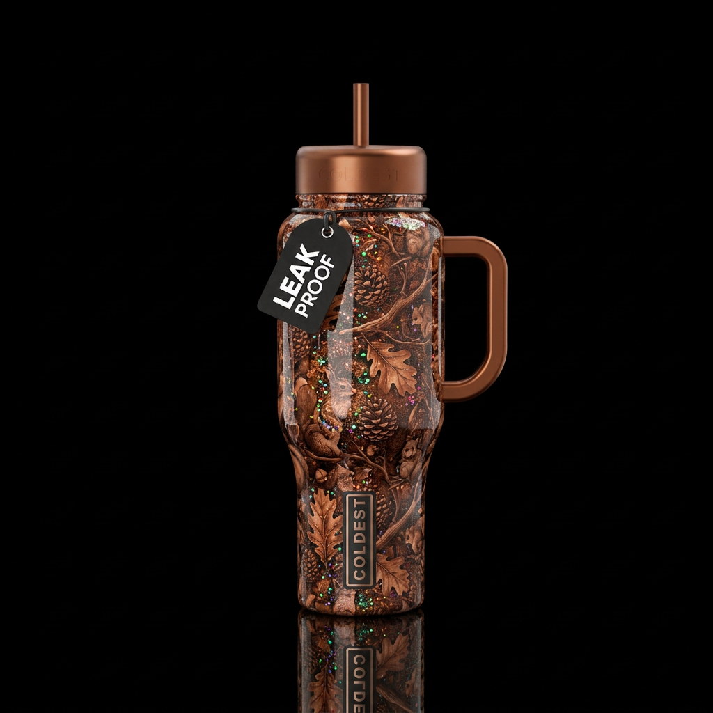Monochromatic autumn scene with glitter highlights... water bottle design