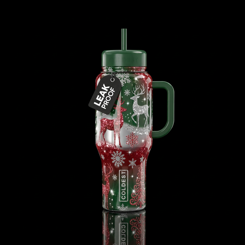 Monochromatic Christmas scene with glitter highlig... water bottle design