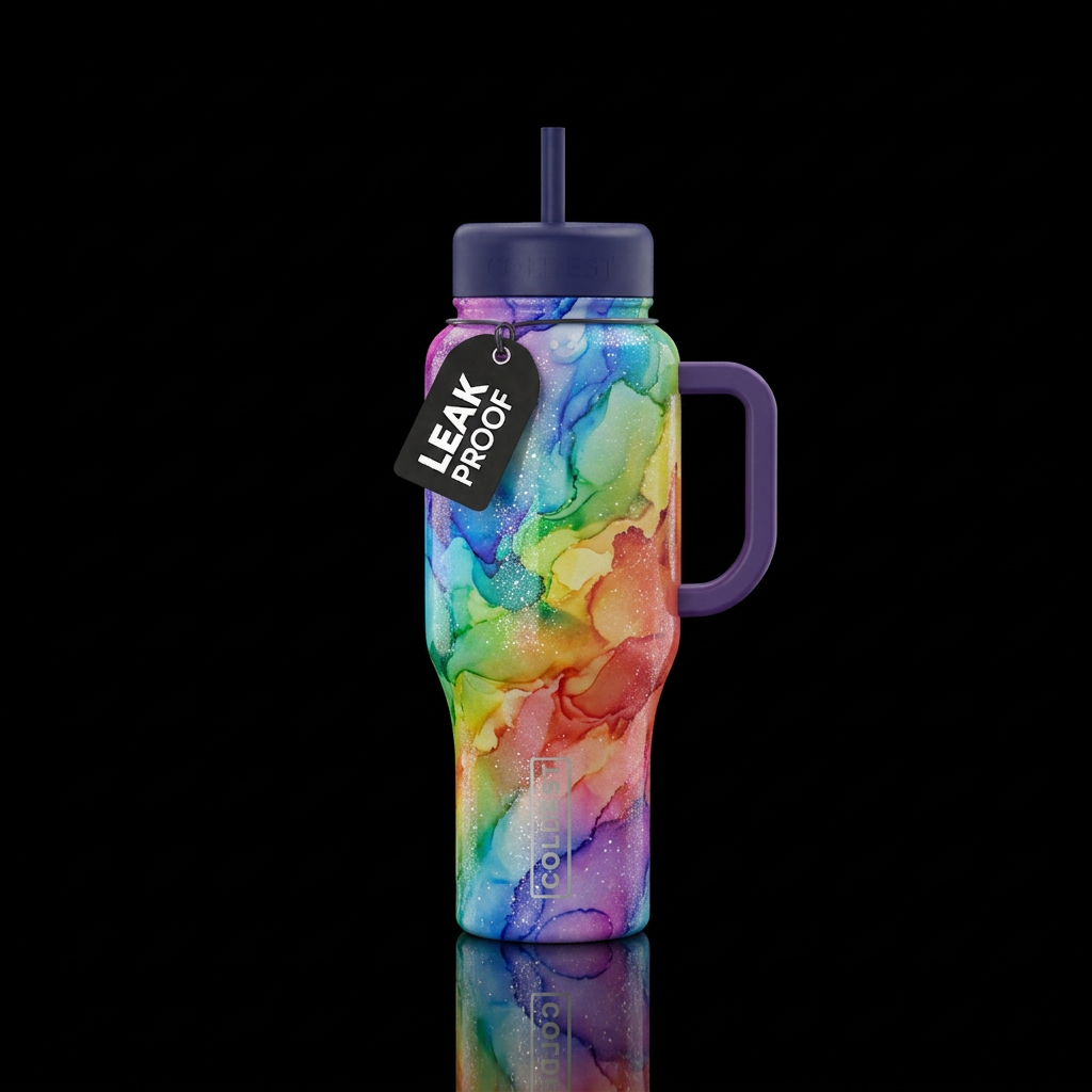 Rainbow with glitter highlights dreamy alcohol ink water bottle design