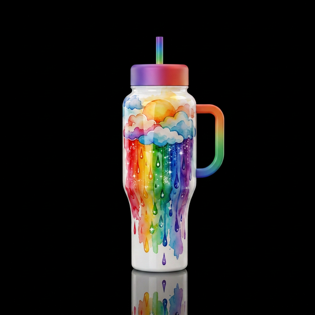 rainbow colors coming down from the clouds and sun... water bottle design